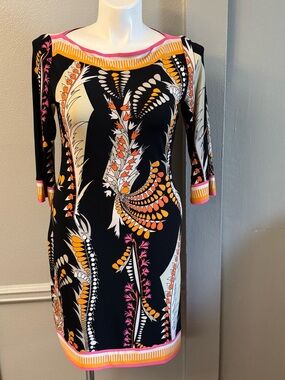 Ali Ro Black Long-Sleeve Printed Sheath Dress with Pink & Orange Accents